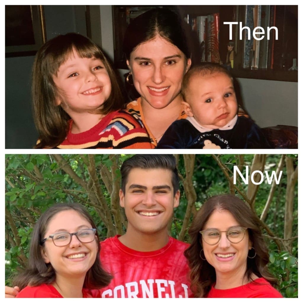 The writer and her children when they were babies and now as young adults.